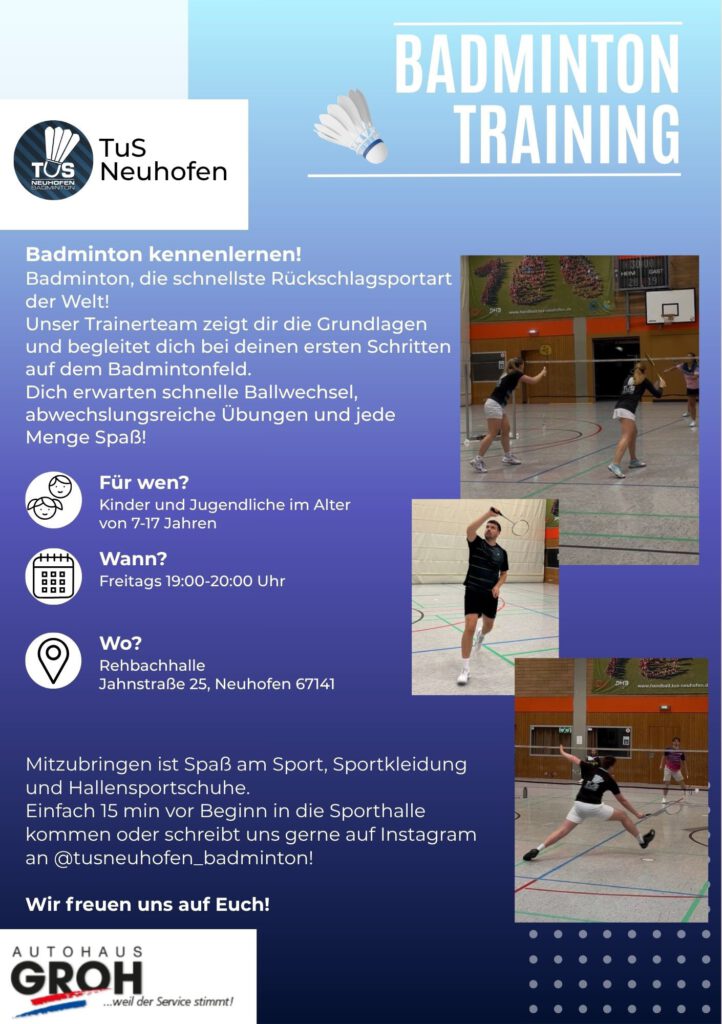 Flyer zum Kindertraining: Kinder und Jugendliche von 7 bis 17 Jahren, freitags 19 bis 20 Uhr in der Rehbachhalle